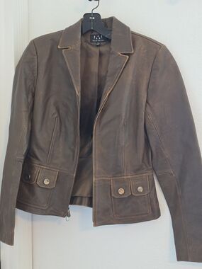 David Meister Brown Leather Jacket with Button-Flap Pockets